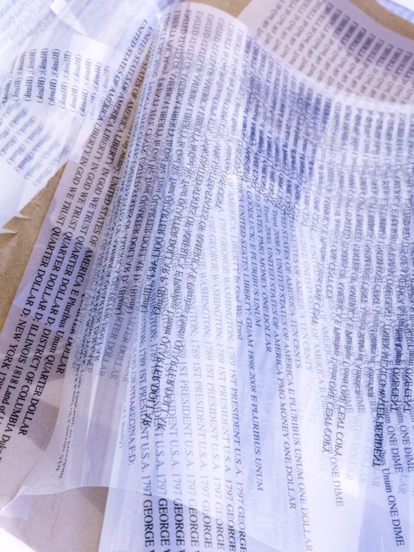 Folded translucent sheets with lists of text are beside and atop one another in this image.