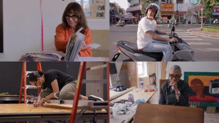 A collage of four photos: a woman looking at papers, a man riding a scooter, a person measuring wood, and a man sitting at a desk with art supplies.