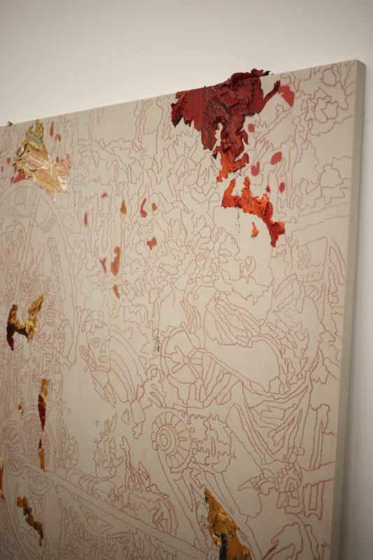 A close up of one of Cindy Phenix's paintings in progress, made with oil paint on linen.