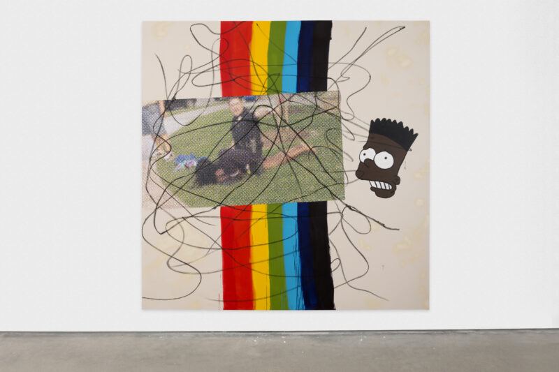 Canvas with a rainbow color stripe down the middle with the image of a white officer arresting a black person on the floor imposed over it, to the right is a black character Bart Simpson, and black squiggly lines over the canvas.