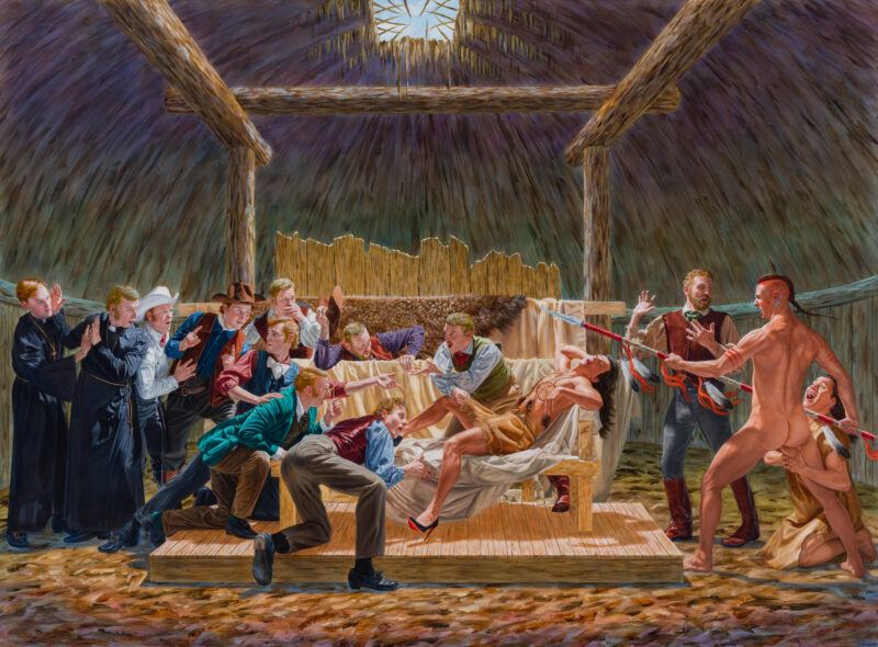 A painting of a dramatic scene in a rustic wooden structure shows a group of people panicking as a nude, armed figure enters, with a person lying on a table at the center being examined.