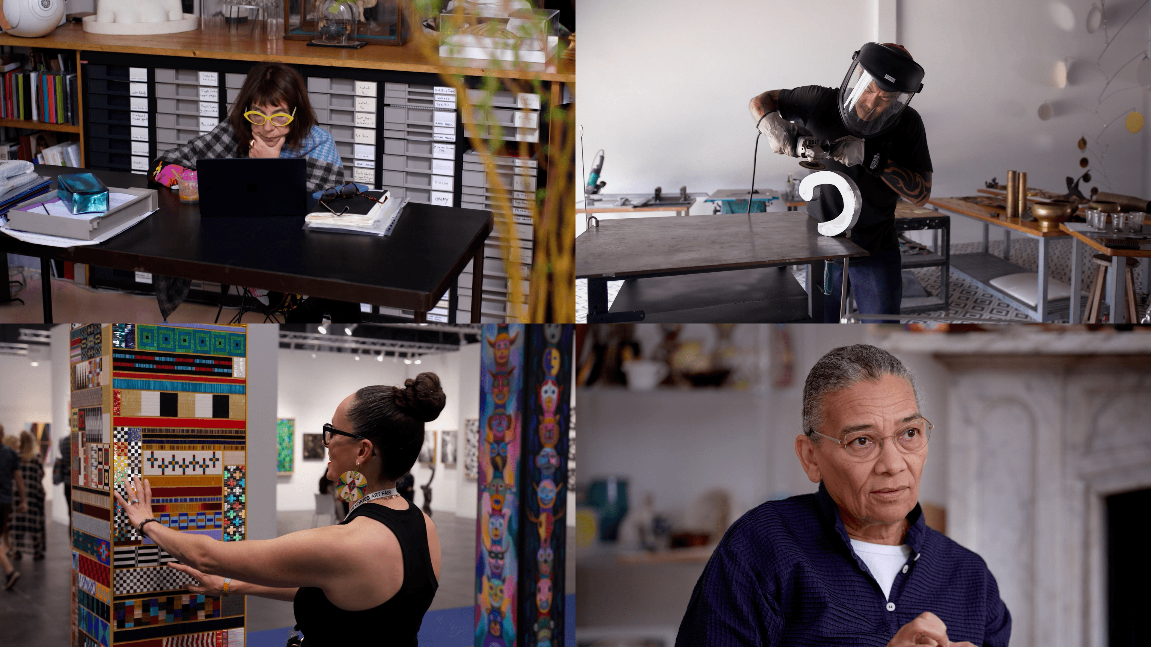 Four images of artists engaged in different activities: a woman working at a desk, a man using a power tool, a woman gesturing at an art piece, and a woman speaking in an interview setting.