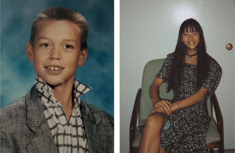 Side-by-side photos of a young boy in a suit with a popped collar and a young girl in a floral dress sitting on a chair, both posing for portraits.