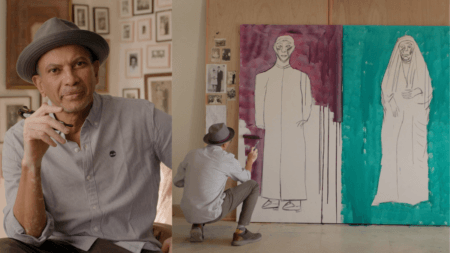 Two images side by side. On the left a man wearing a hat sits holding glasses in a room with framed pictures. On the right, he is crouched painting on a large canvas depicting two standing figures.